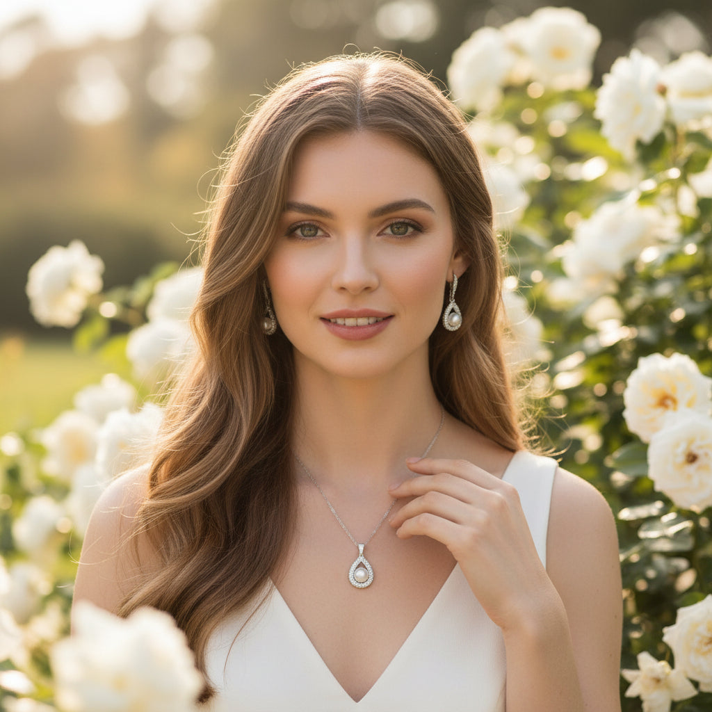 CUBIC ZIRCONIA COLLECTION -PRECIOUS PEARL NECKLACE SET - CZNK256 SILVER