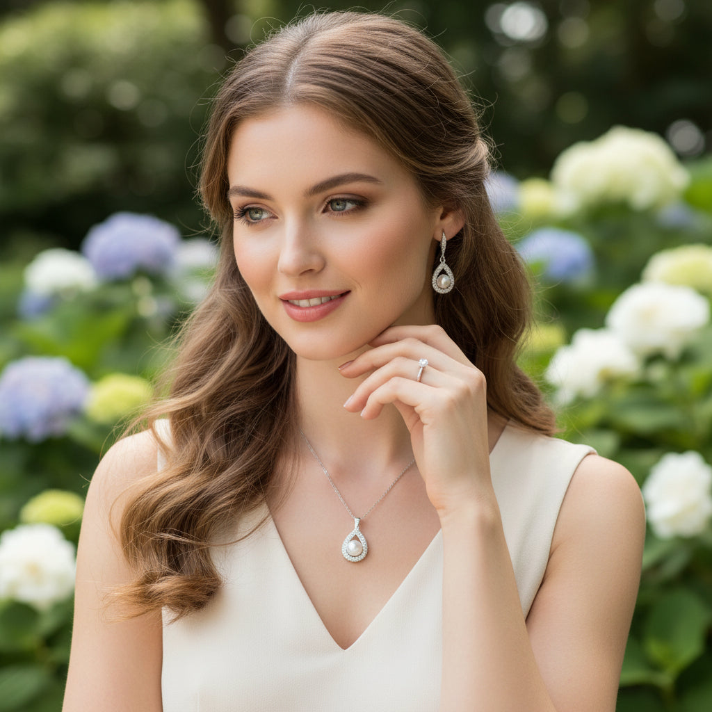 CUBIC ZIRCONIA COLLECTION -PRECIOUS PEARL NECKLACE SET - CZNK256 SILVER