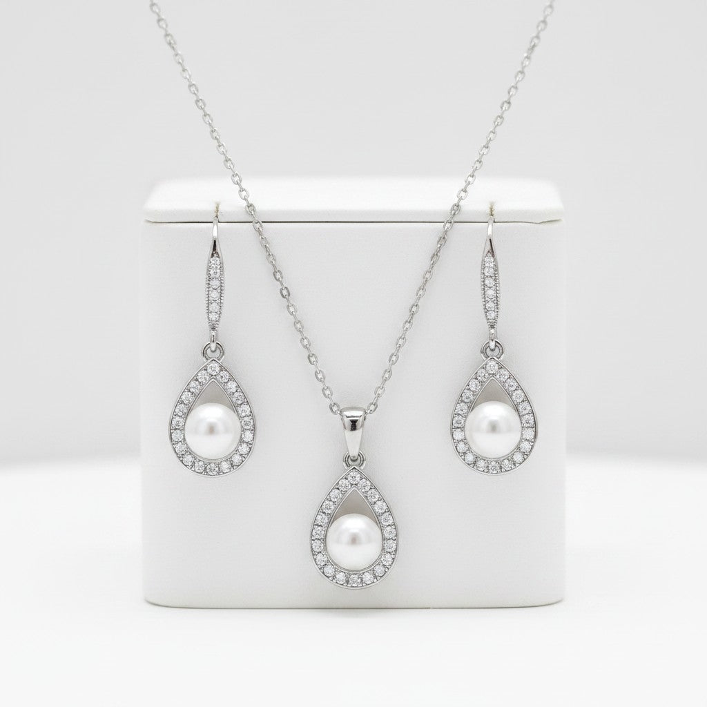 CUBIC ZIRCONIA COLLECTION -PRECIOUS PEARL NECKLACE SET - CZNK256 SILVER
