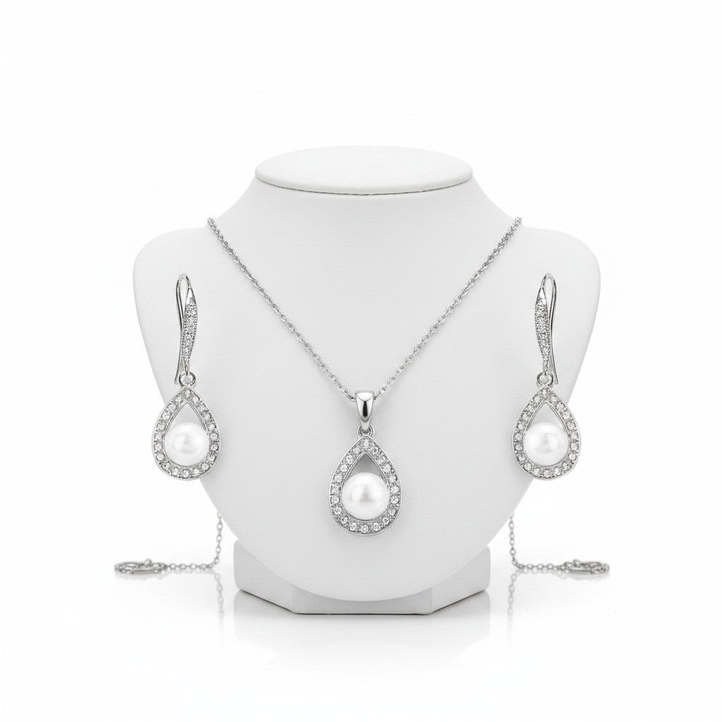 CUBIC ZIRCONIA COLLECTION -PRECIOUS PEARL NECKLACE SET - CZNK256 SILVER