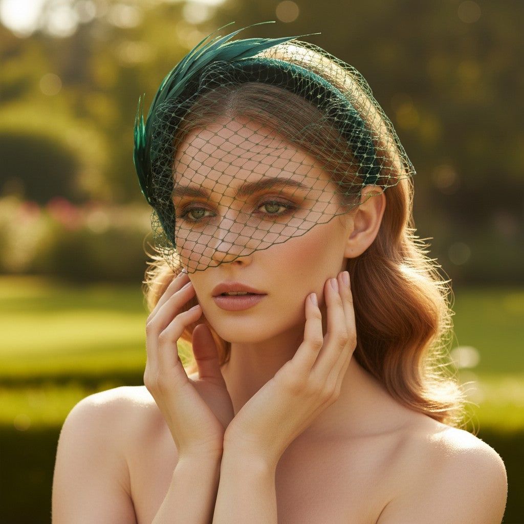 ATHENA COLLECTION - BIRDCAGE VEIL FASCINATOR - EMERALD