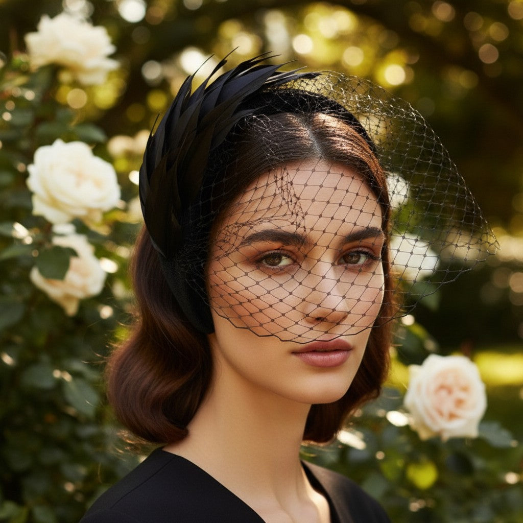 ATHENA COLLECTION - BIRDCAGE VEIL FASCINATOR - BLACK