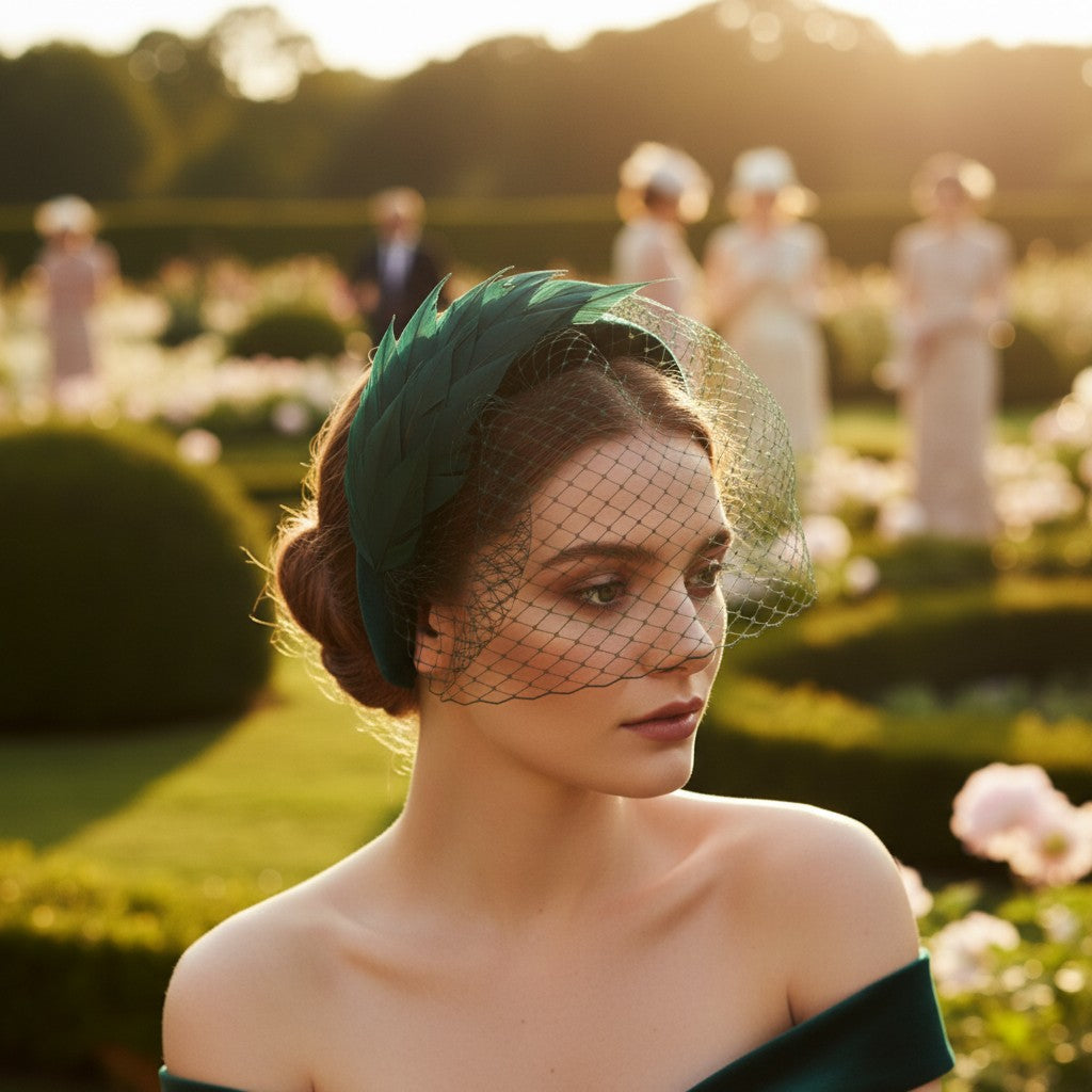 ATHENA COLLECTION - BIRDCAGE VEIL FASCINATOR - EMERALD