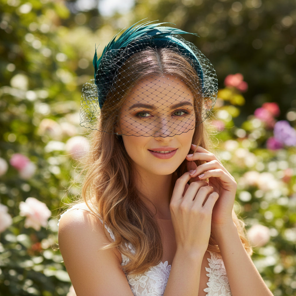 ATHENA COLLECTION - BIRDCAGE VEIL FASCINATOR - EMERALD