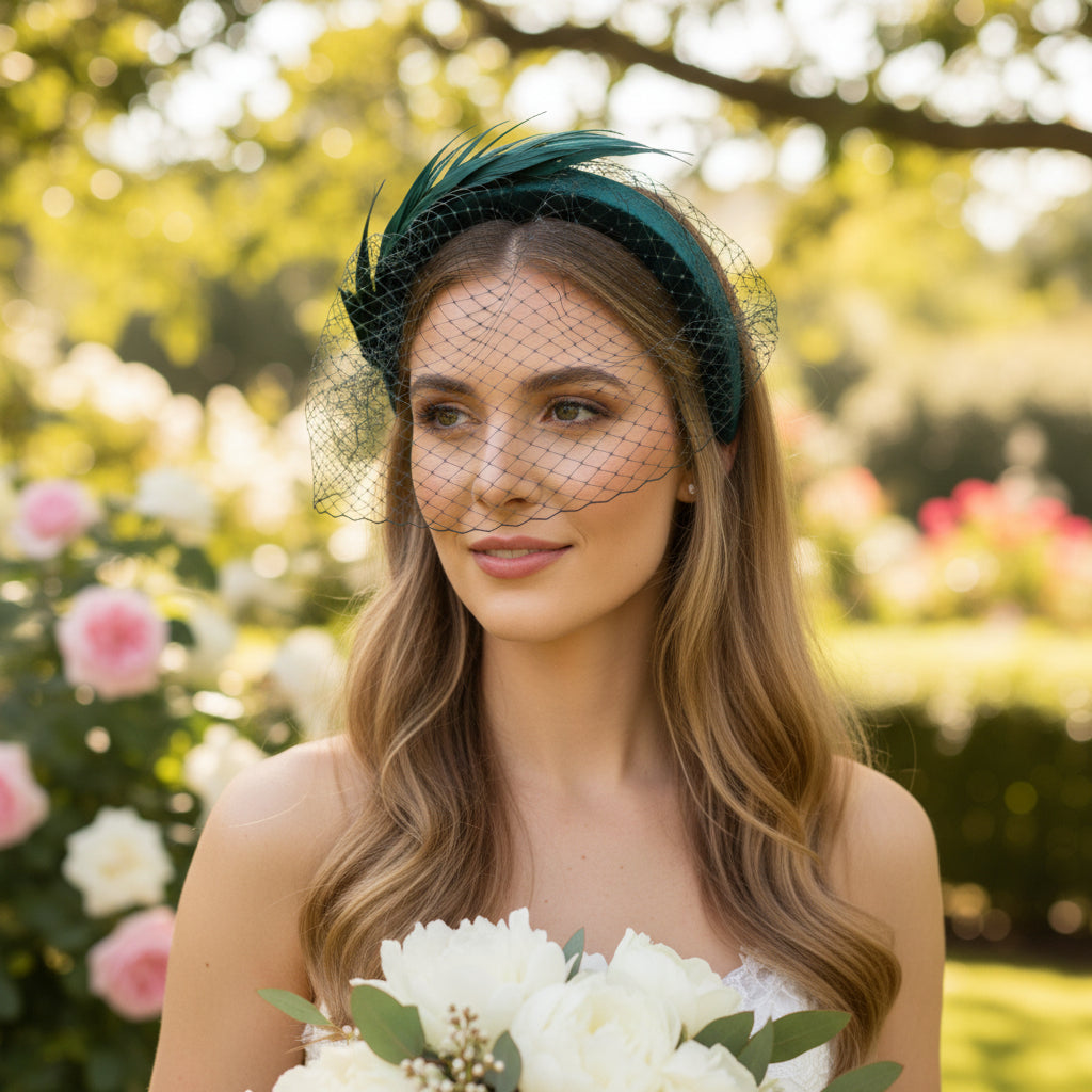 ATHENA COLLECTION - BIRDCAGE VEIL FASCINATOR - EMERALD