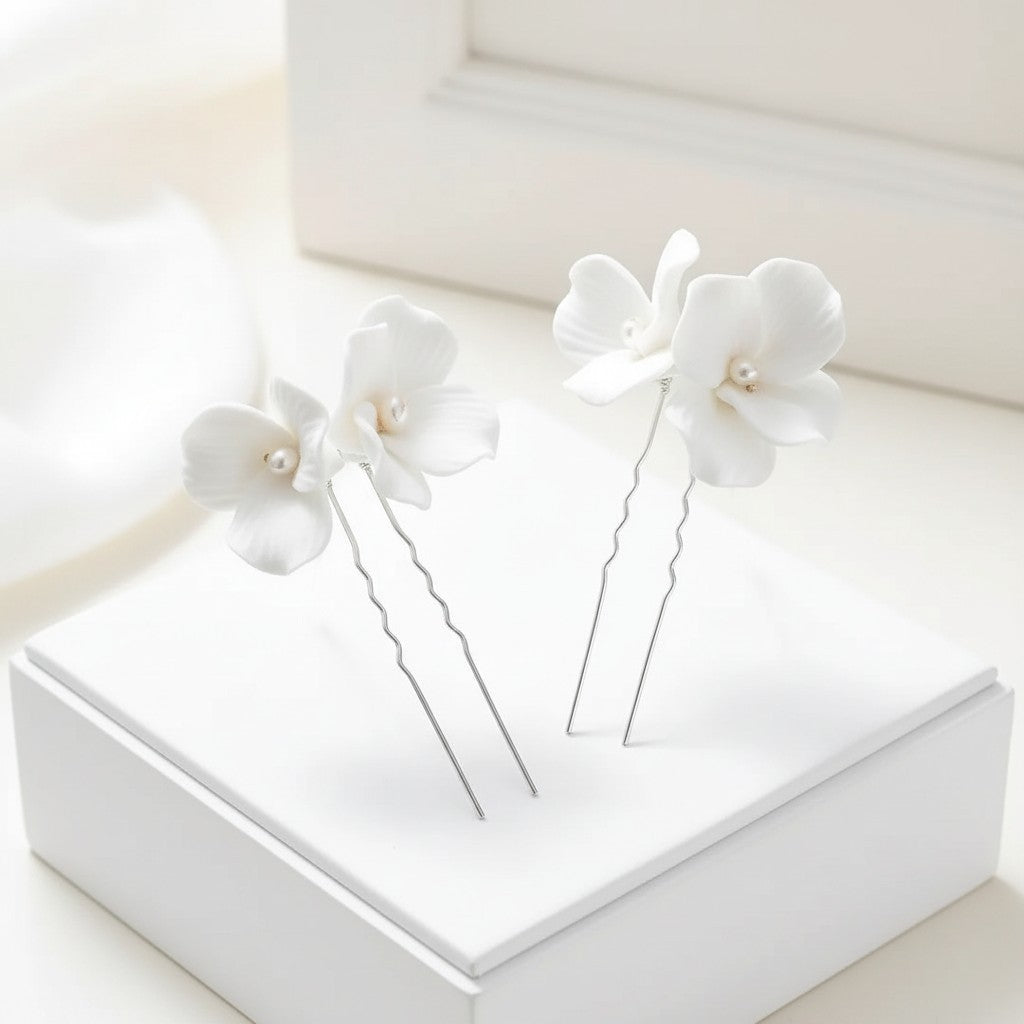 ATHENA COLLECTION - EXQUISITE FLORAL HAIR PINS - PIN80 SILVER
