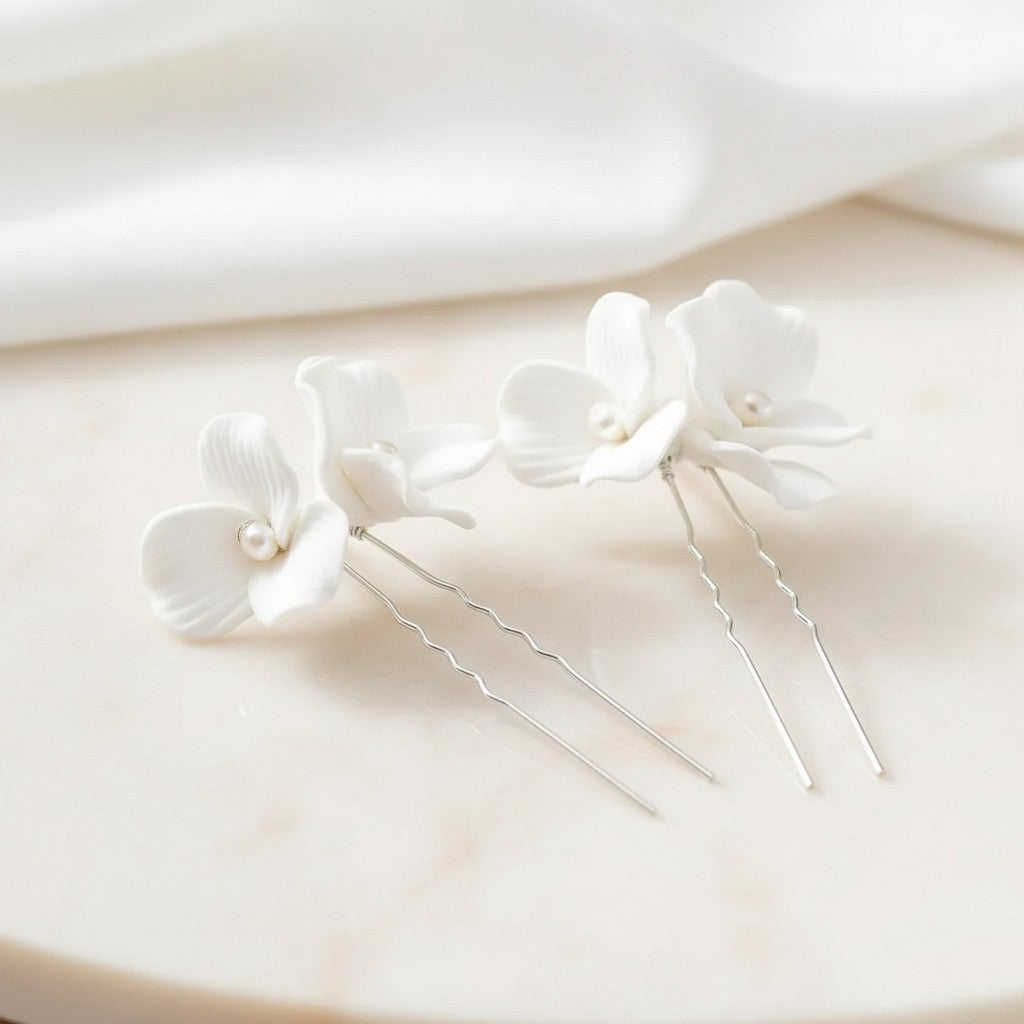 ATHENA COLLECTION - EXQUISITE FLORAL HAIR PINS - PIN80 SILVER