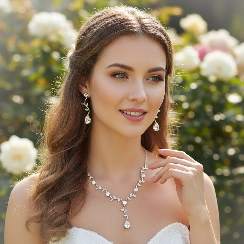 ATHENA COLLECTION - VINTAGE VINE NECKLACE SET - CZNK257 SILVER