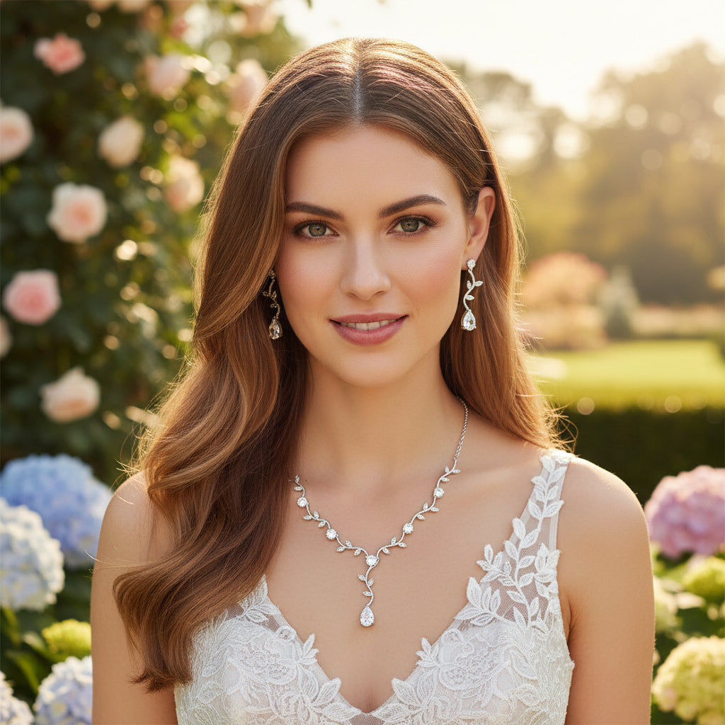 ATHENA COLLECTION - VINTAGE VINE NECKLACE SET - CZNK257 SILVER
