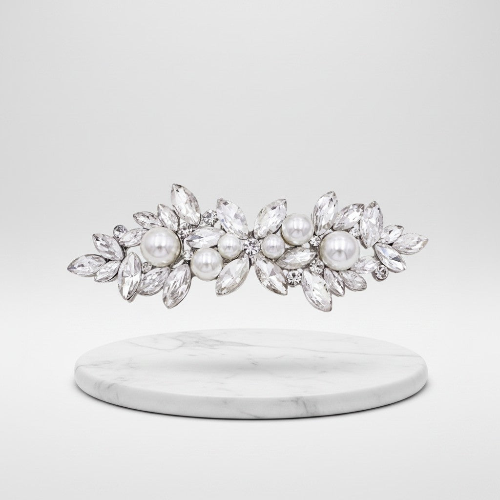 ATHENA COLLECTION - DAINTY VINTAGE BARRETTE PEARL CLIP - CLIP776 SILVER