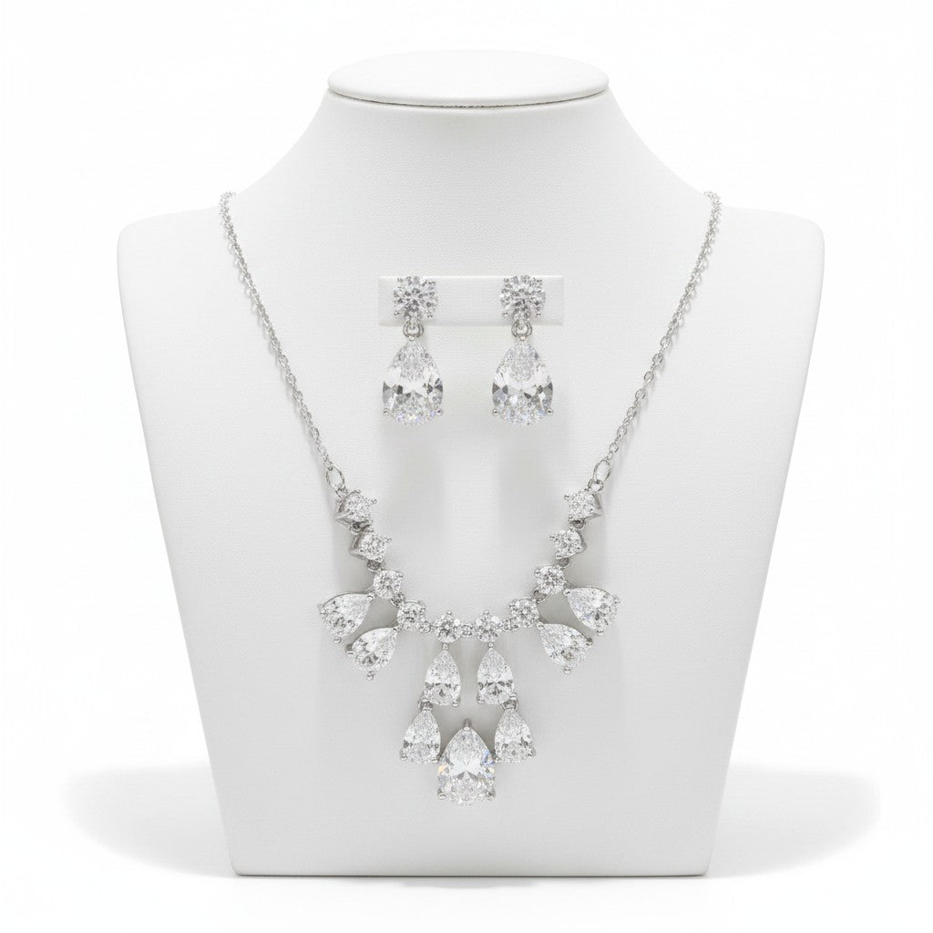 CUBIC ZIRCONIA COLLECTION - BRIDGERTON INSPIRED NECKLACE SET- CZNK258 SILVER