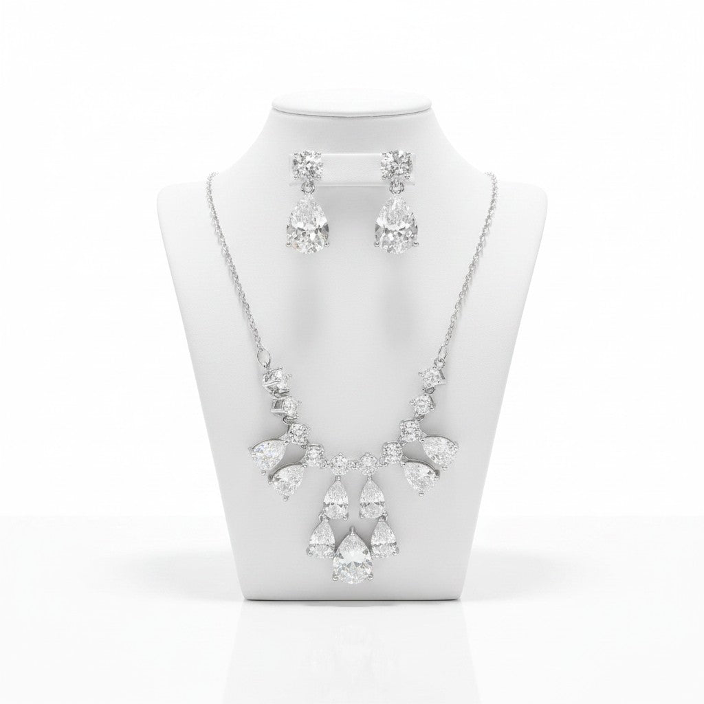CUBIC ZIRCONIA COLLECTION - BRIDGERTON INSPIRED NECKLACE SET- CZNK258 SILVER