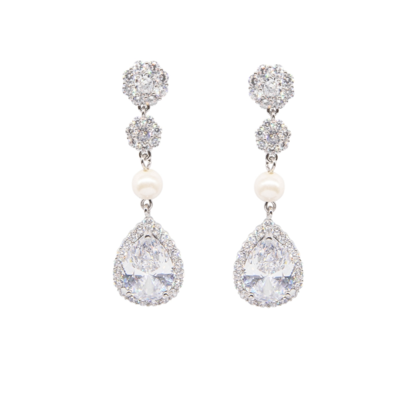 CUBIC ZIRCONIA COLLECTION - SPARKLE PEARL NECKLACE SET - CZNK260 SILVER