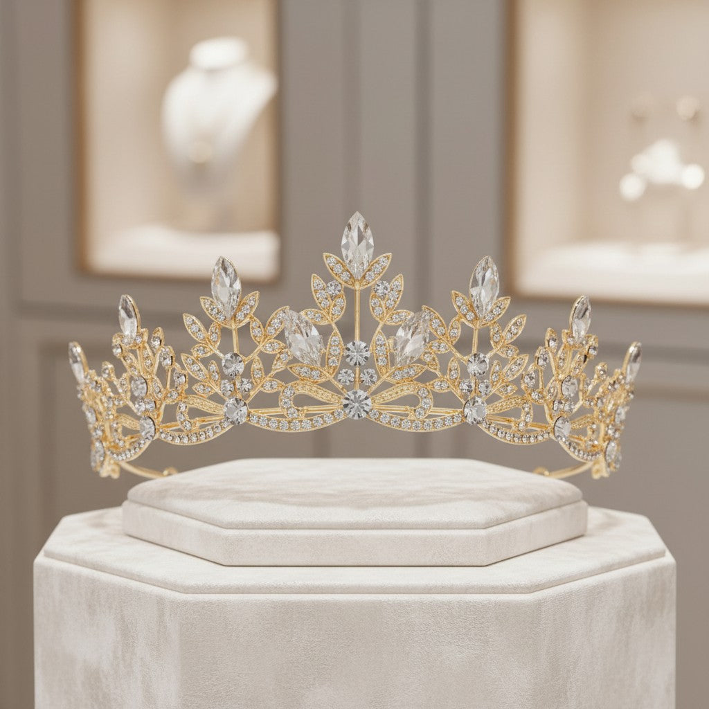 ATHENA COLLECTION - REGAL CRYSTAL TIARA - AHB202 GOLD