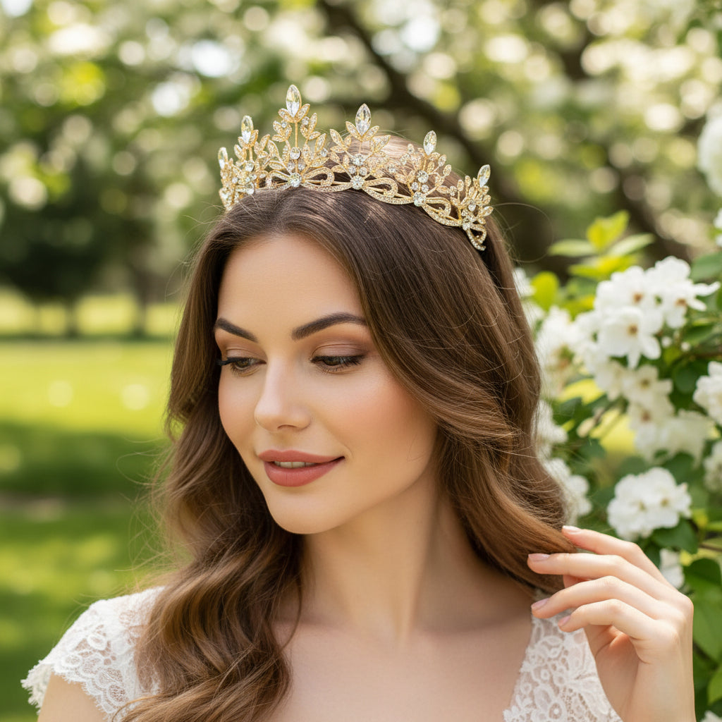 ATHENA COLLECTION - REGAL CRYSTAL TIARA - AHB202 GOLD
