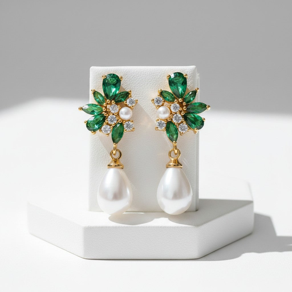 CUBIC ZIRCONA COLLECTION - DIVINE PEARL EARRINGS - CZER829 EMERALD