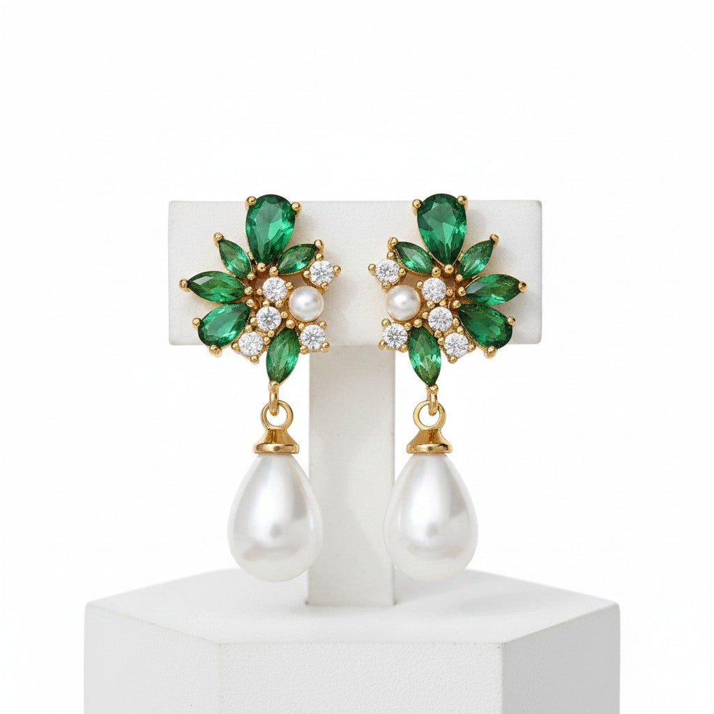 CUBIC ZIRCONA COLLECTION - DIVINE PEARL EARRINGS - CZER829 EMERALD