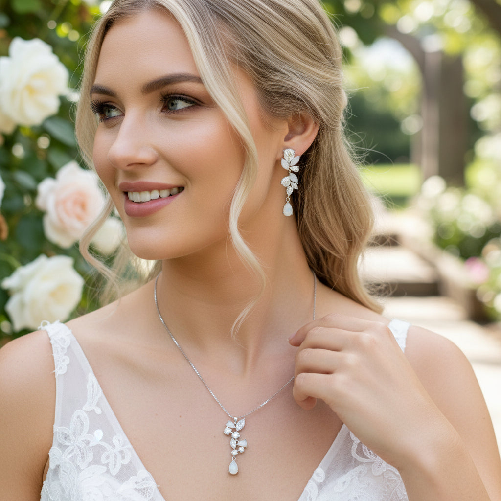 CUBIC ZIRCONIA COLLECTION - COUTURE OPAL SHIMMER NECKLACE SET - CZNK243 SILVER