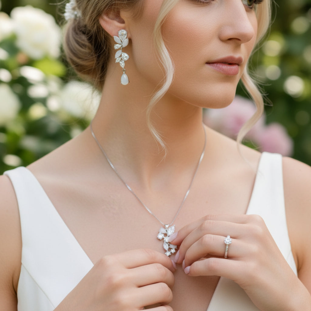 CUBIC ZIRCONIA COLLECTION - COUTURE OPAL SHIMMER NECKLACE SET - CZNK243 SILVER