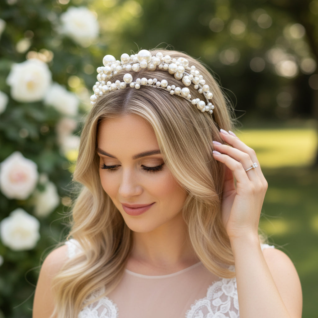 ATHENA COLLECTION - EXQUISITE PEARL HEADBAND - SILVER AHB199