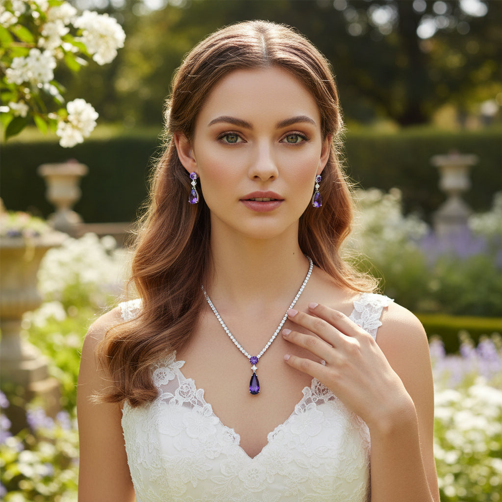 CUBIC ZIRCONIA COLLECTION - DAINTY STARLET GEM NECKLACE SET - CZNK244 PURPLE