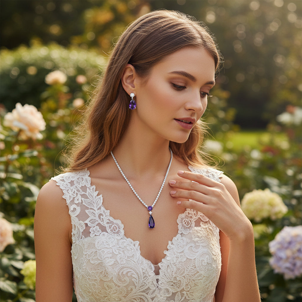 CUBIC ZIRCONIA COLLECTION - DAINTY STARLET GEM NECKLACE SET - CZNK244 PURPLE