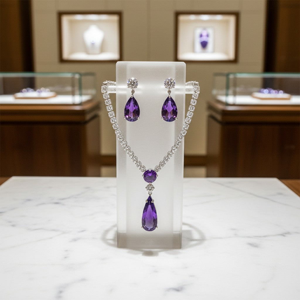 CUBIC ZIRCONIA COLLECTION - DAINTY STARLET GEM NECKLACE SET - CZNK244 PURPLE