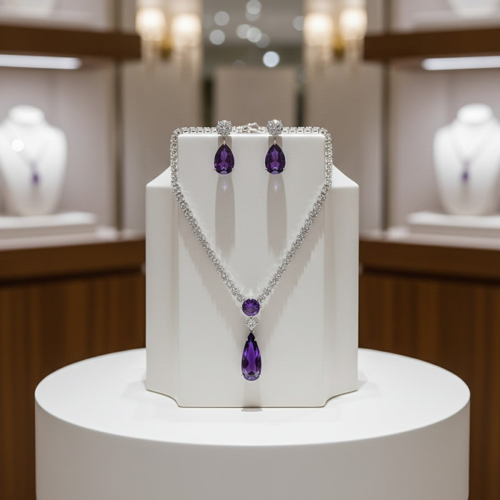 CUBIC ZIRCONIA COLLECTION - DAINTY STARLET GEM NECKLACE SET - CZNK244 PURPLE