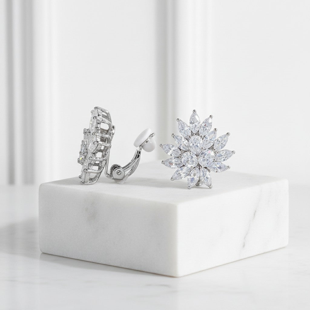 CUBIC ZIRCONIA COLLECTION - DIAMOND CLUSTER CLIP ON EARRINGS - CZER836 SILVER