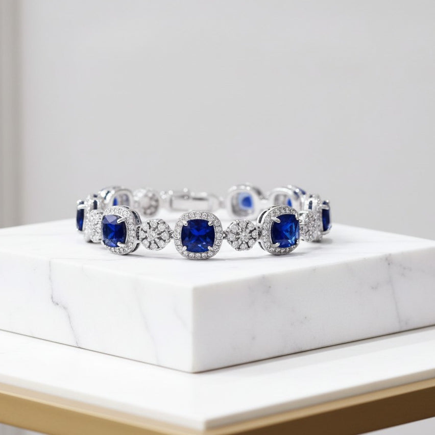 CUBIC ZIRCONIA COLLECTION -EXTRAVAGANT STATEMENT BRACELET - BR166 SAPPHIRE