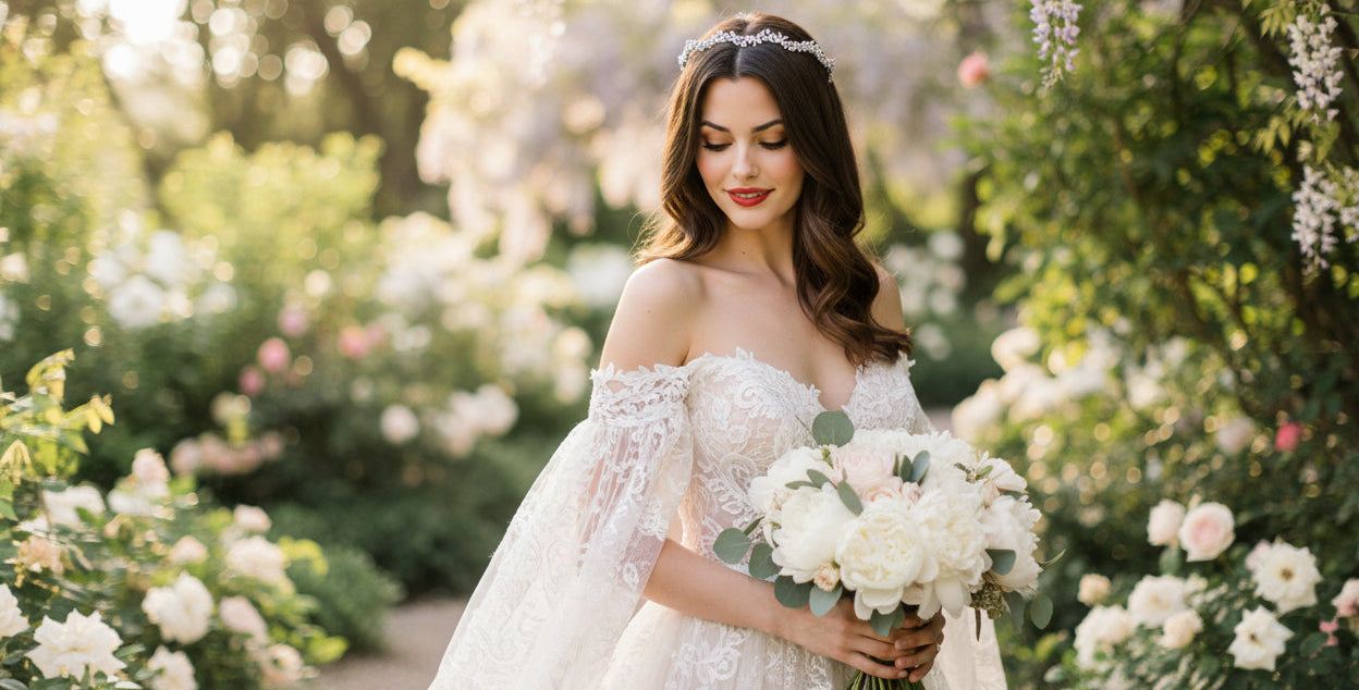 Bride holding a bouquet of flowers in a garden setting
